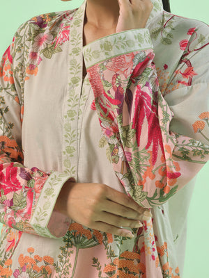 1Pc Printed Pret & Unstitched Kurti Lawn Beige & Peach