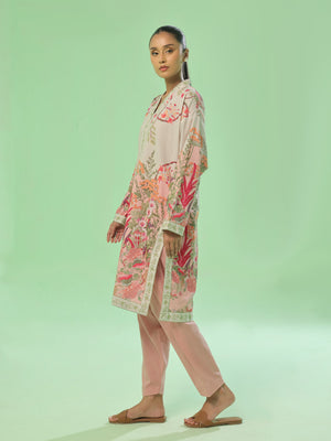 1Pc Printed Pret & Unstitched Kurti Lawn Beige & Peach