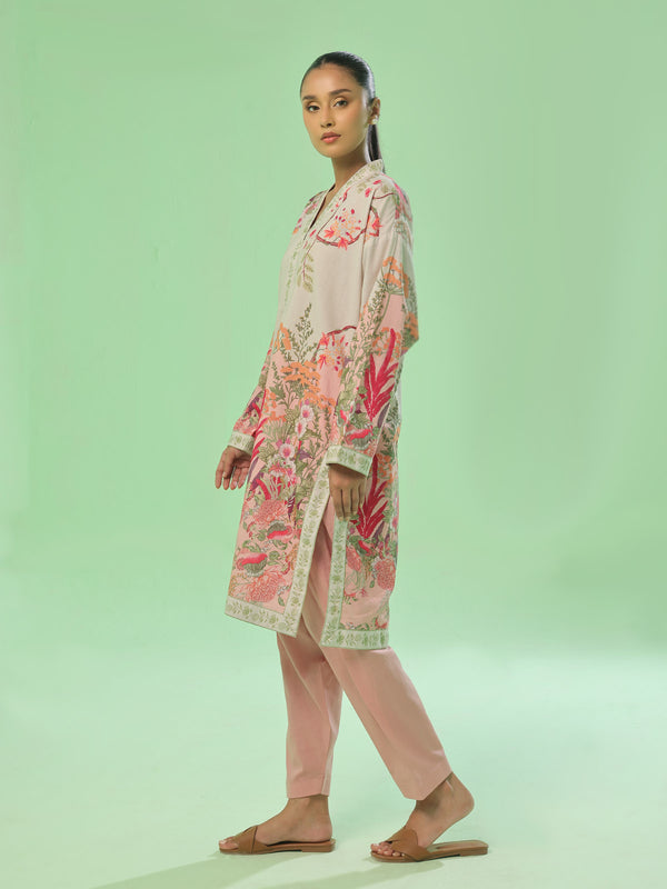 1Pc Printed Pret & Unstitched Kurti Lawn Beige & Peach