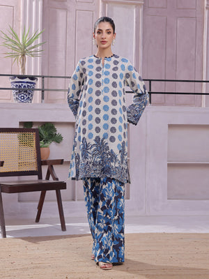 2Pc Printed Pret & Unstitched Shirt Trouser Lawn Beige & Blue
