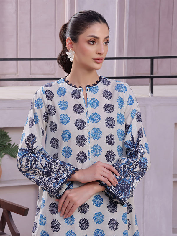 2Pc Printed Pret & Unstitched Shirt Trouser Lawn Beige & Blue
