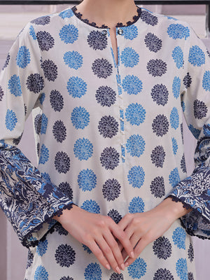 2Pc Printed Pret & Unstitched Shirt Trouser Lawn Beige & Blue