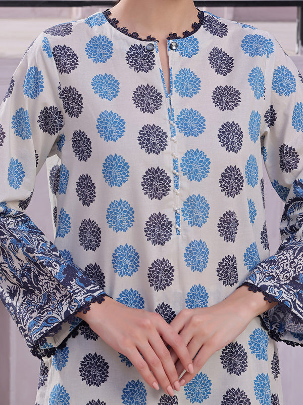 2Pc Printed Pret & Unstitched Shirt Trouser Lawn Beige & Blue