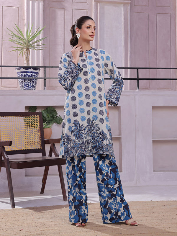 2Pc Printed Pret & Unstitched Shirt Trouser Lawn Beige & Blue