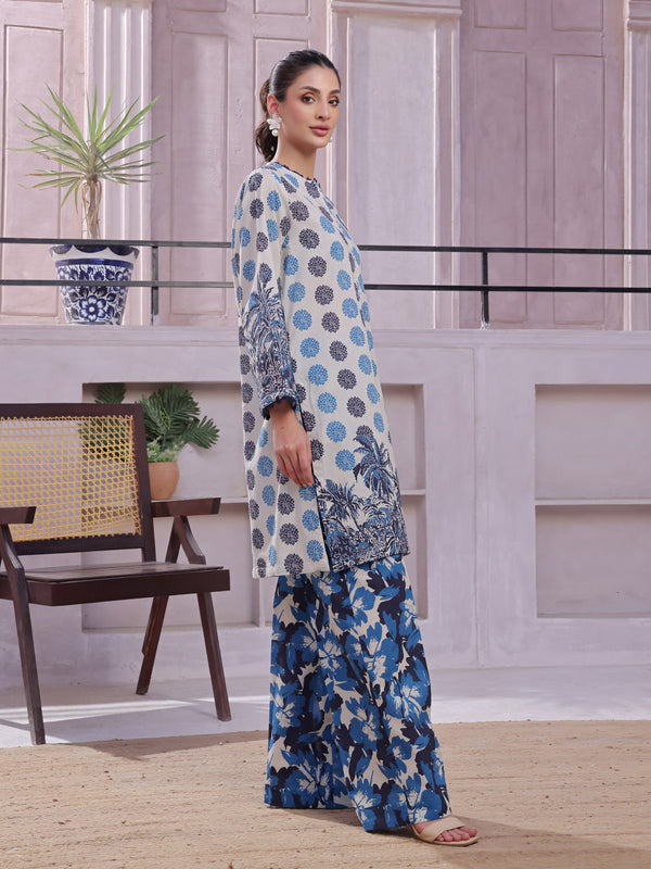 2Pc Printed Pret & Unstitched Shirt Trouser Lawn Beige & Blue