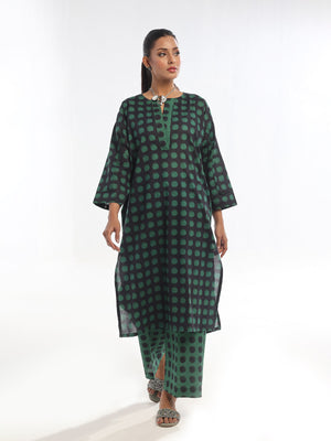 2Pc Printed Pret & Unstitched Shirt Trouser Swiss Lawn Green