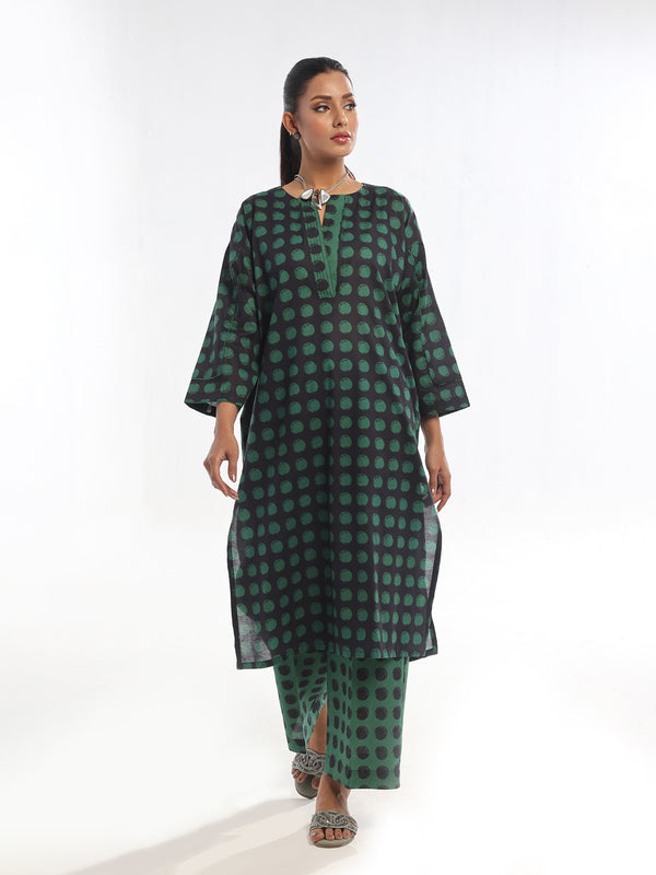 2Pc Printed Pret & Unstitched Shirt Trouser Swiss Lawn Green