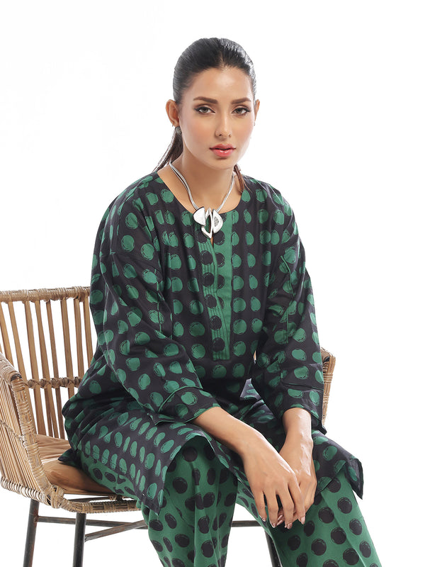 2Pc Printed Pret & Unstitched Shirt Trouser Swiss Lawn Green