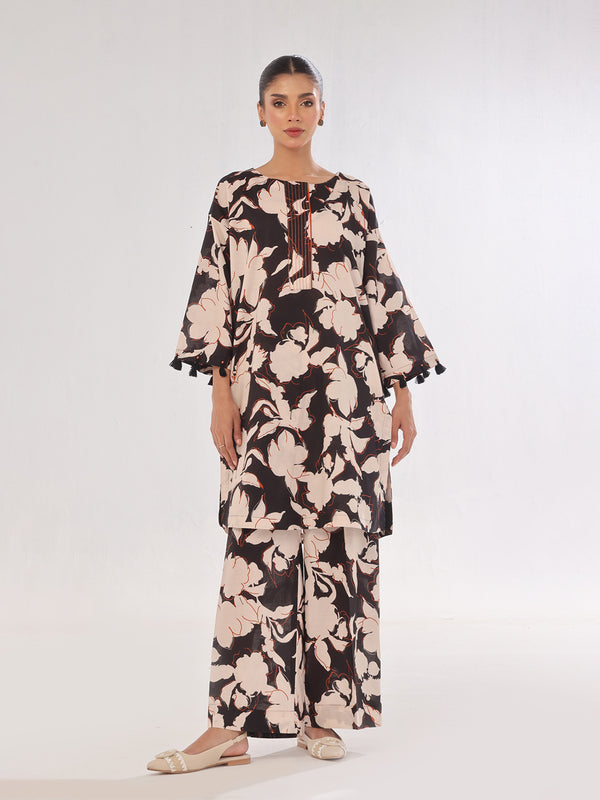 2Pc Printed Pret & Unstitched Shirt Trouser Swiss Lawn Black