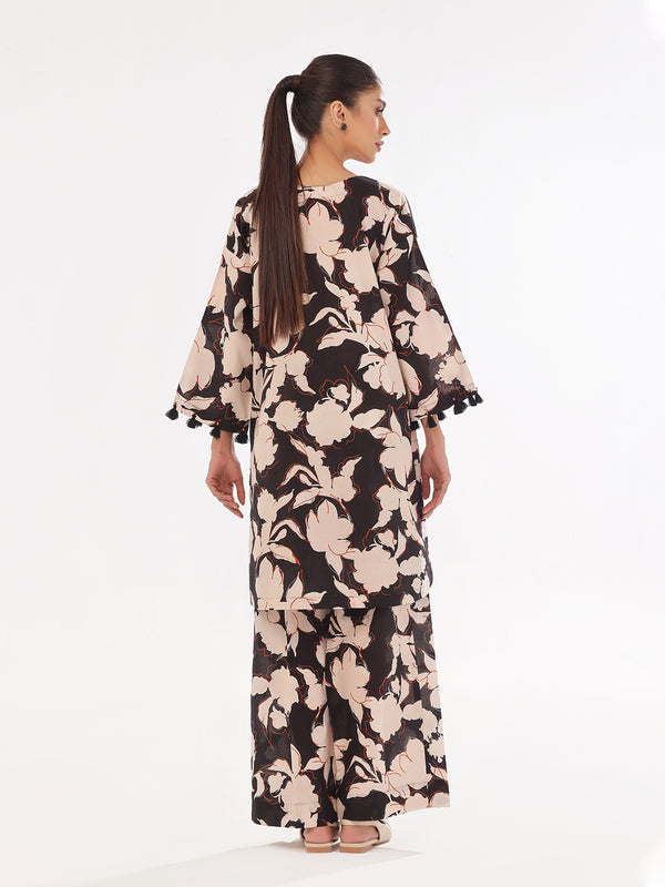 2Pc Printed Pret & Unstitched Shirt Trouser Swiss Lawn Black