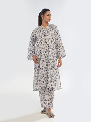 2Pc Printed Pret & Unstitched Shirt Trouser Swiss Lawn Black & White