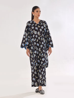 2Pc Printed Pret & Unstitched Shirt Trouser Swiss Lawn Black