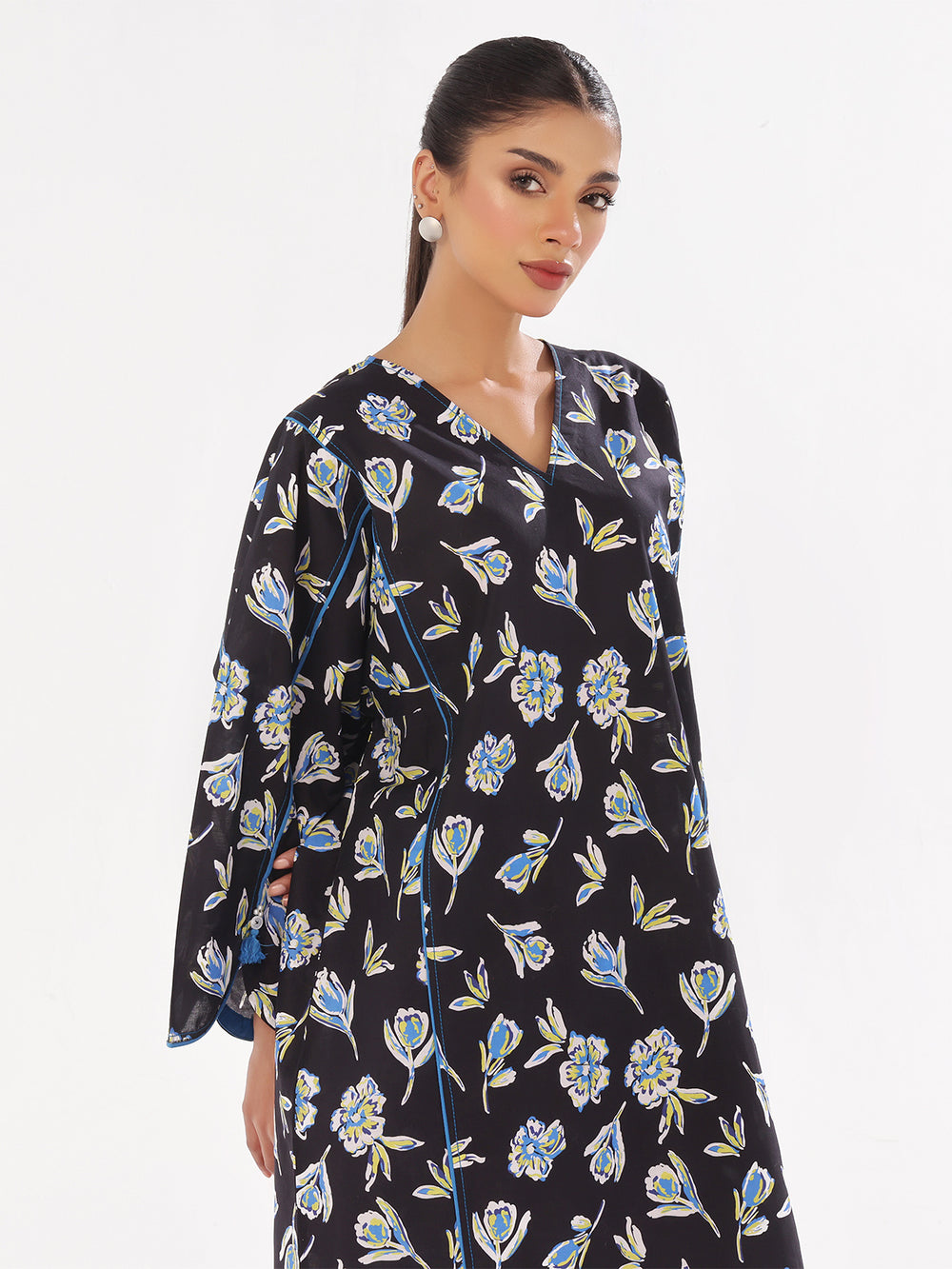 1Pc Printed Unstitched Kurti Swiss Lawn Black - OLK-6290-A