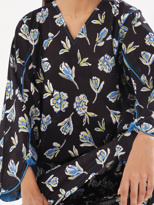 2Pc Printed Pret & Unstitched Shirt Trouser Swiss Lawn Black