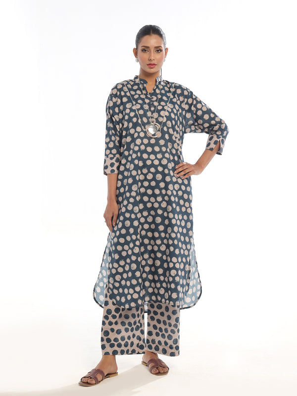 2Pc Printed Pret Shirt Trouser Swiss Lawn Beige & Blue - OW2P-2412019