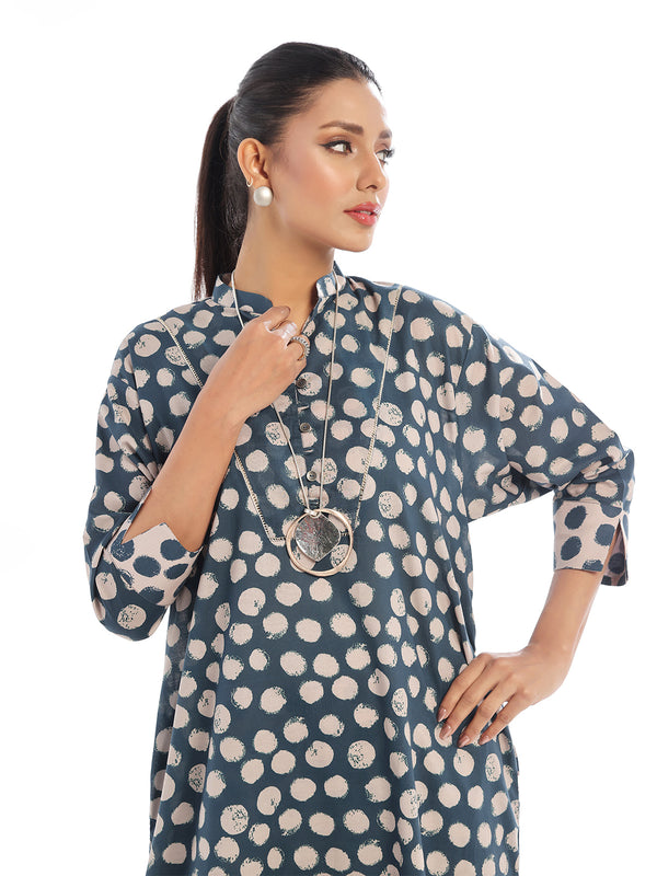 2Pc Printed Pret Shirt Trouser Swiss Lawn Beige & Blue - OW2P-2412019