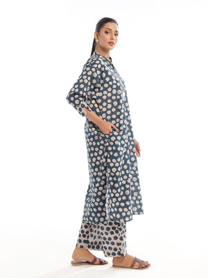 2Pc Printed Pret Shirt Trouser Swiss Lawn Beige & Blue - OW2P-2412019