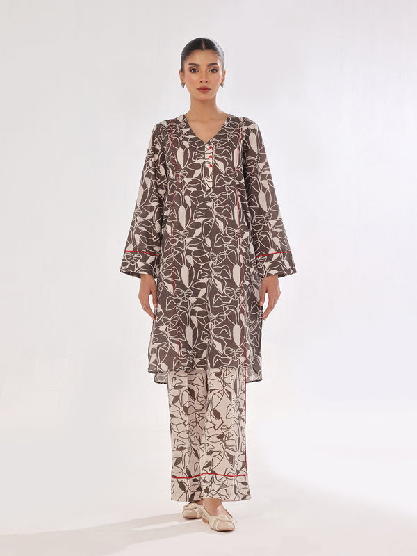 2Pc Printed Pret & Unstitched Shirt Trouser Swiss Lawn Grey