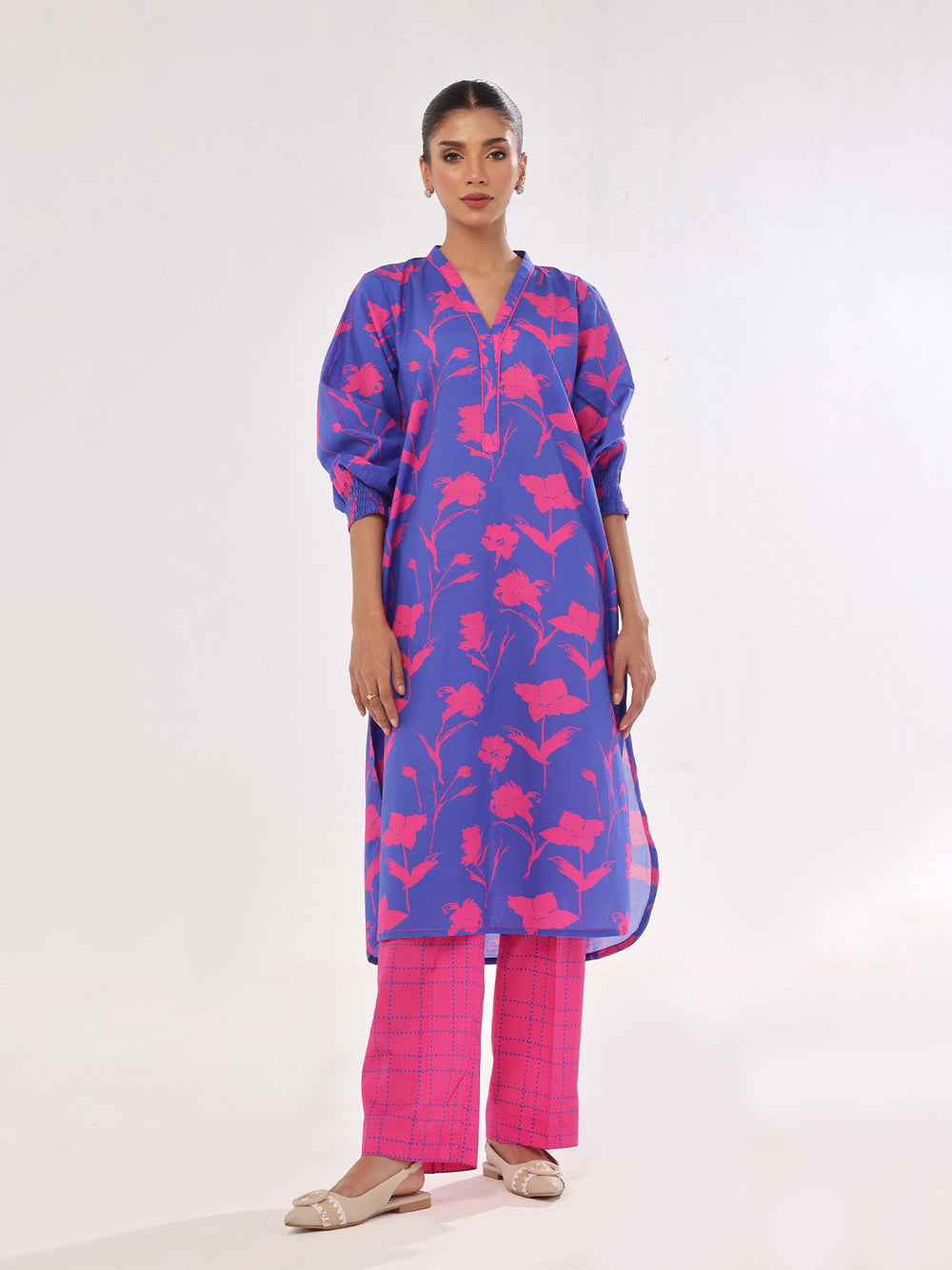 2Pc Printed Pret & Unstitched Shirt Trouser Swiss Lawn Pink