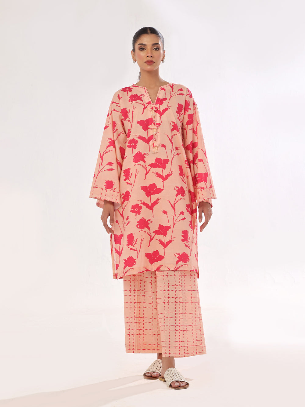 2Pc Printed Pret & Unstitched Shirt Trouser Swiss Lawn Peach