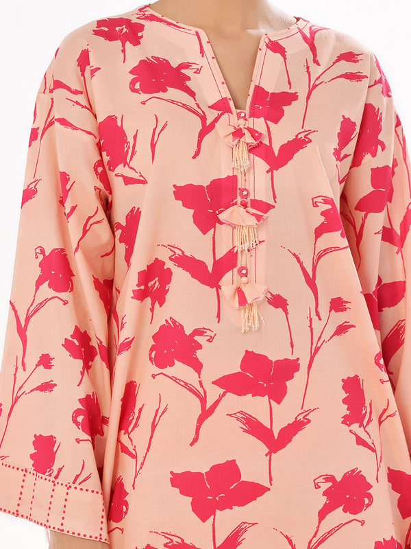 2Pc Printed Pret & Unstitched Shirt Trouser Swiss Lawn Peach