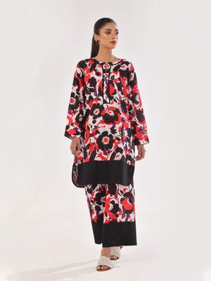 2Pc Printed Pret & Unstitched Shirt Trouser Swiss Lawn Black & Red