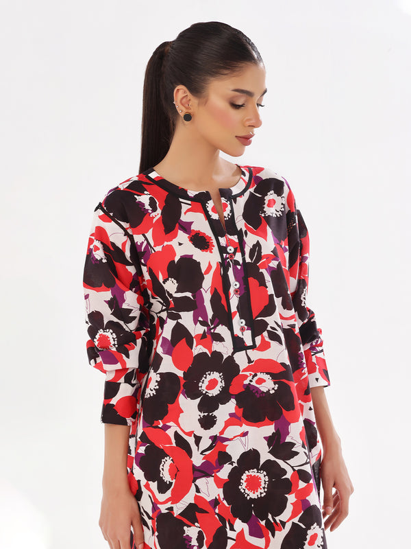 2Pc Printed Pret & Unstitched Shirt Trouser Swiss Lawn Black & Red