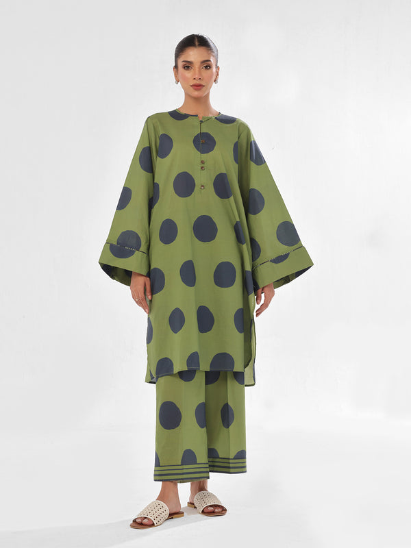 2Pc Printed Pret & Unstitched Shirt Trouser Swiss Lawn Green