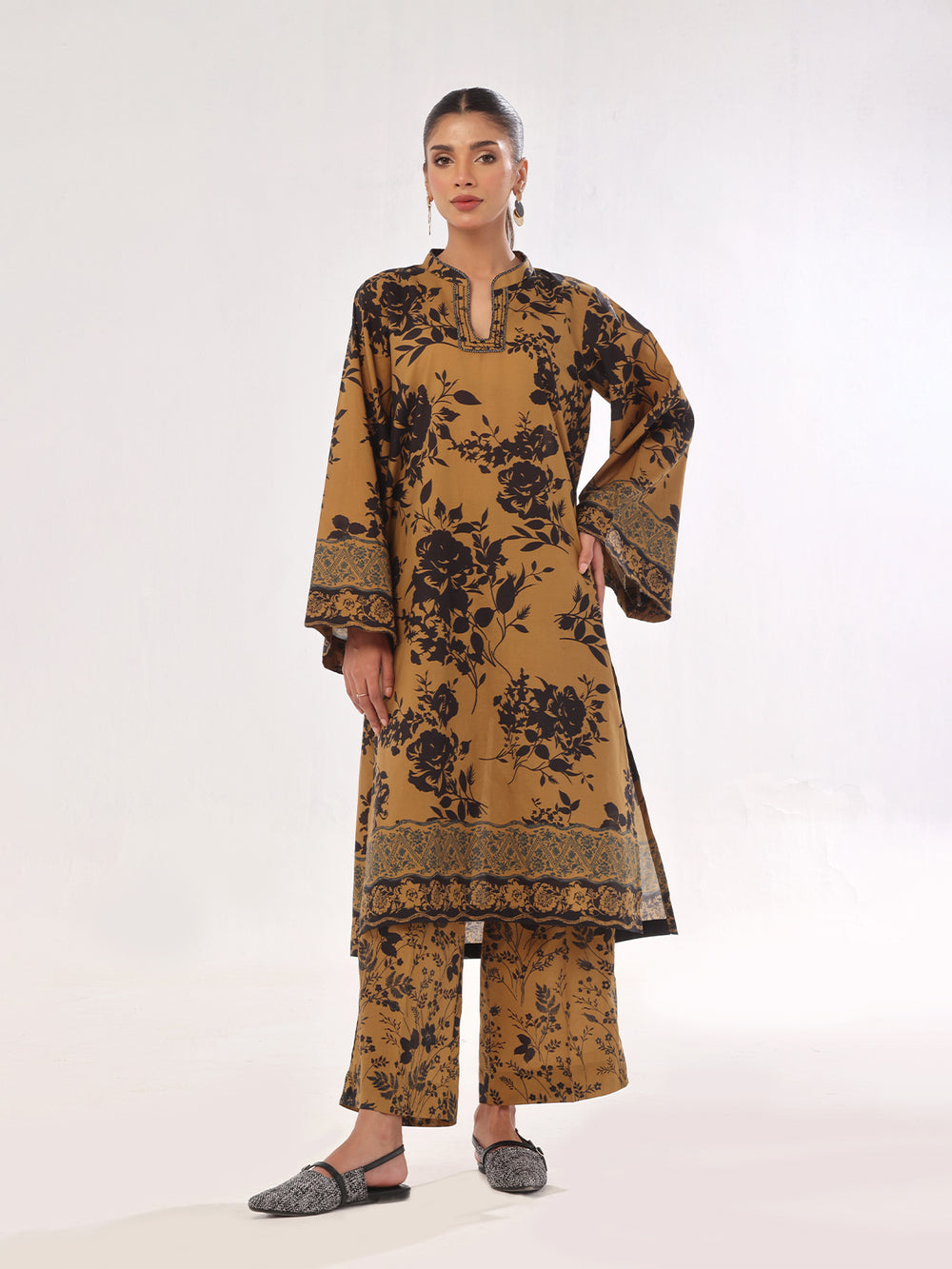 2Pc Printed Pret & Unstitched Shirt Trouser Swiss Lawn Mustard