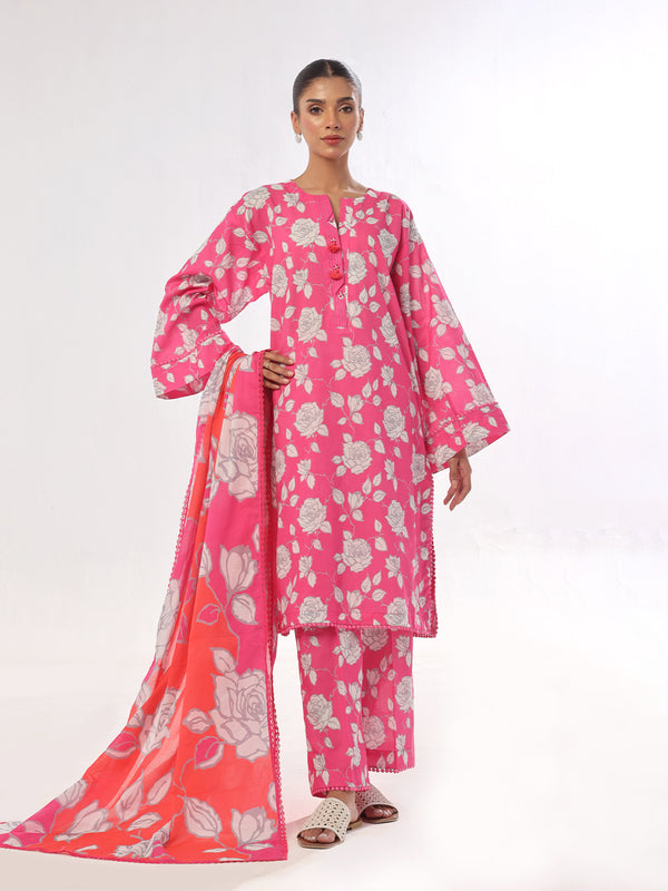 3Pc Printed Pret & Unstitched Suit Swiss Lawn Pink