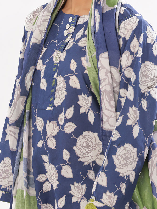 3Pc Printed Pret & Unstitched Suit Swiss Lawn Blue