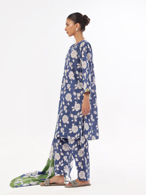 3Pc Printed Pret & Unstitched Suit Swiss Lawn Blue