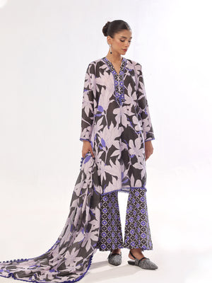 3Pc Printed Unstitched Swiss Lawn Black & Blue - OL3P-6342-A