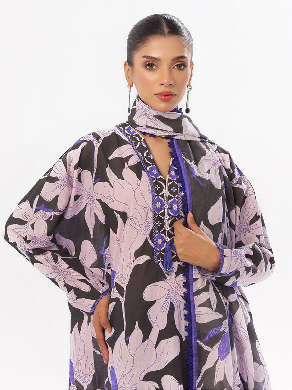 3Pc Printed Pret & Unstitched Suit Swiss Lawn Black & Blue