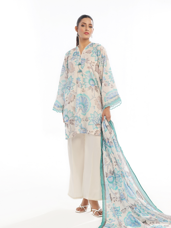 3Pc Printed Pret & Unstitched Suit Masoori Lawn Blue