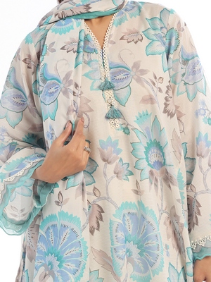 3Pc Printed Pret & Unstitched Suit Masoori Lawn Blue