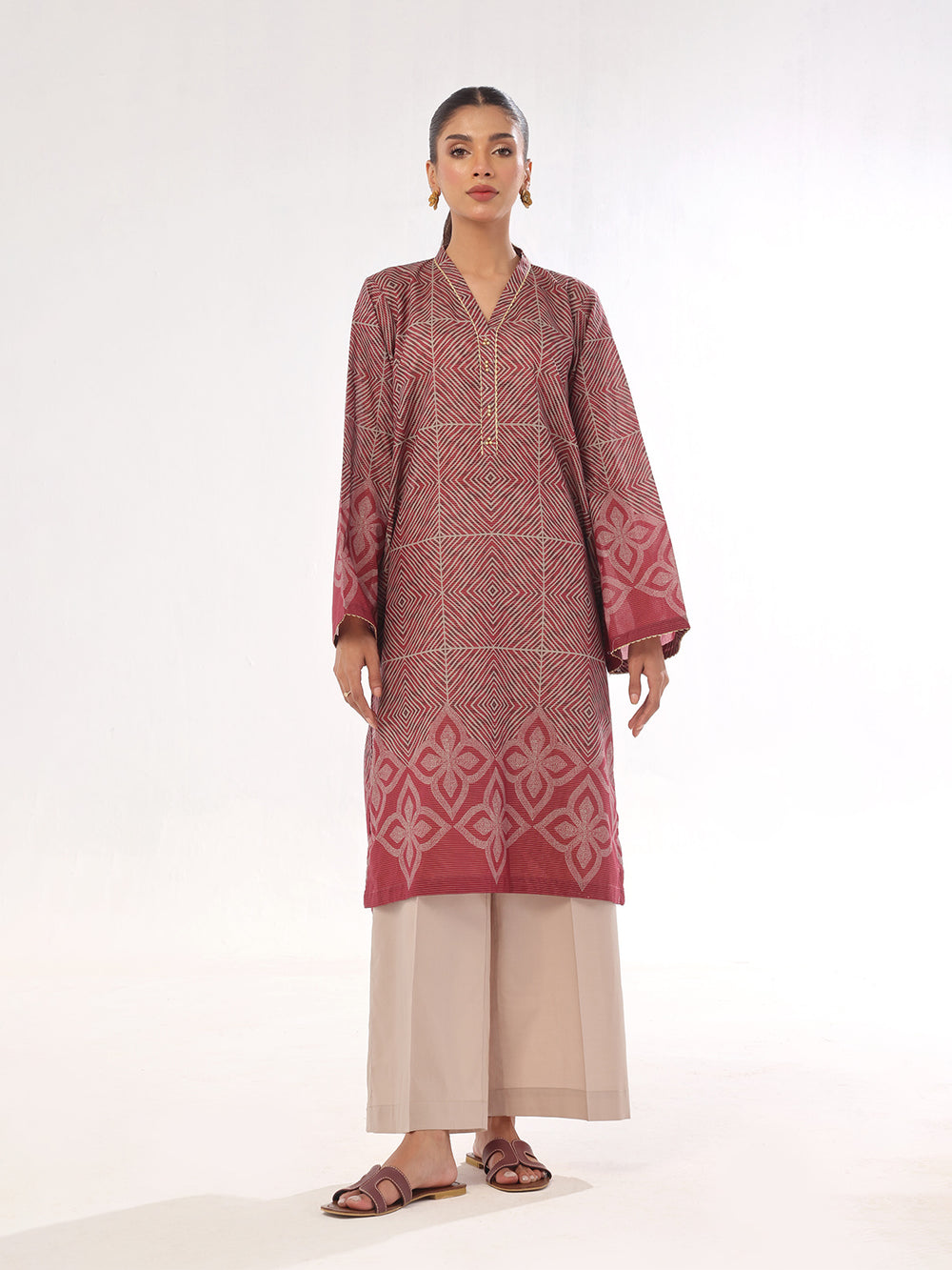 1Pc Printed Pret & Unstitched Kurti Masoori Lawn Maroon