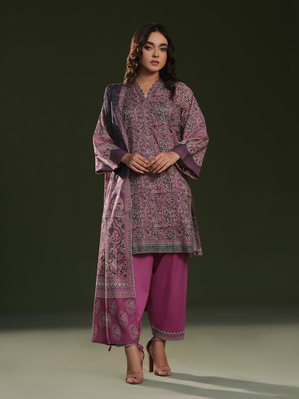 3Pc Printed Pret Suit Cambric Magenta - OW3P-2411015