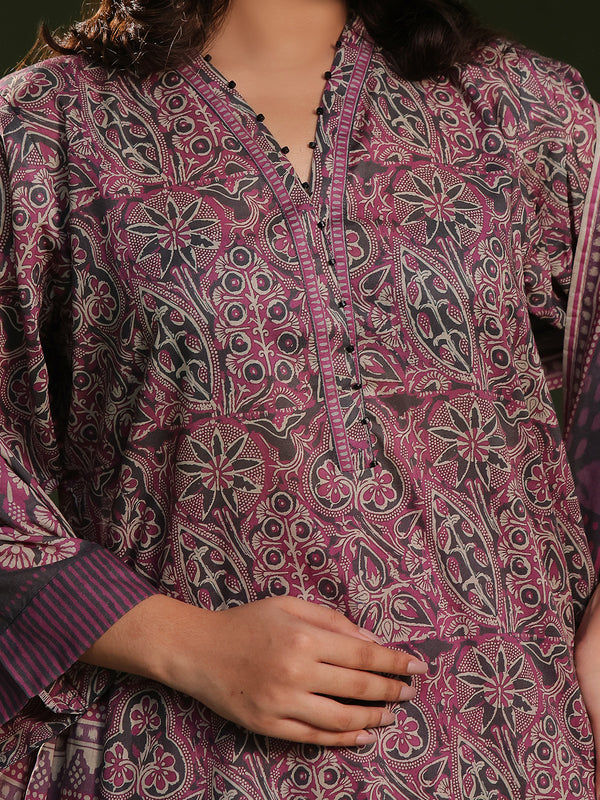 3Pc Printed Pret Suit Cambric Magenta - OW3P-2411015