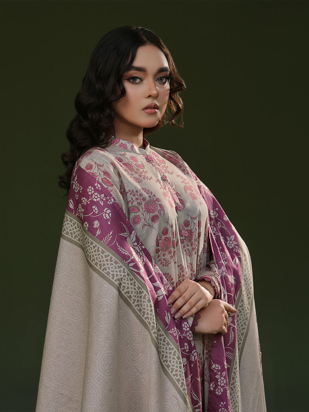 3Pc Printed Pret Suit Cambric Beige - OW3P-2411019