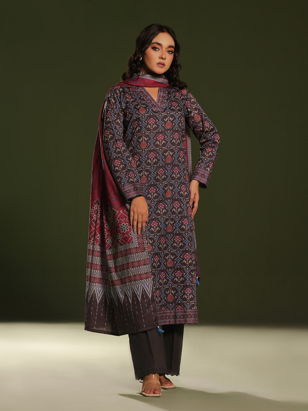 3Pc Printed Pret Suit Cambric Charcoal - OW3P-2411017