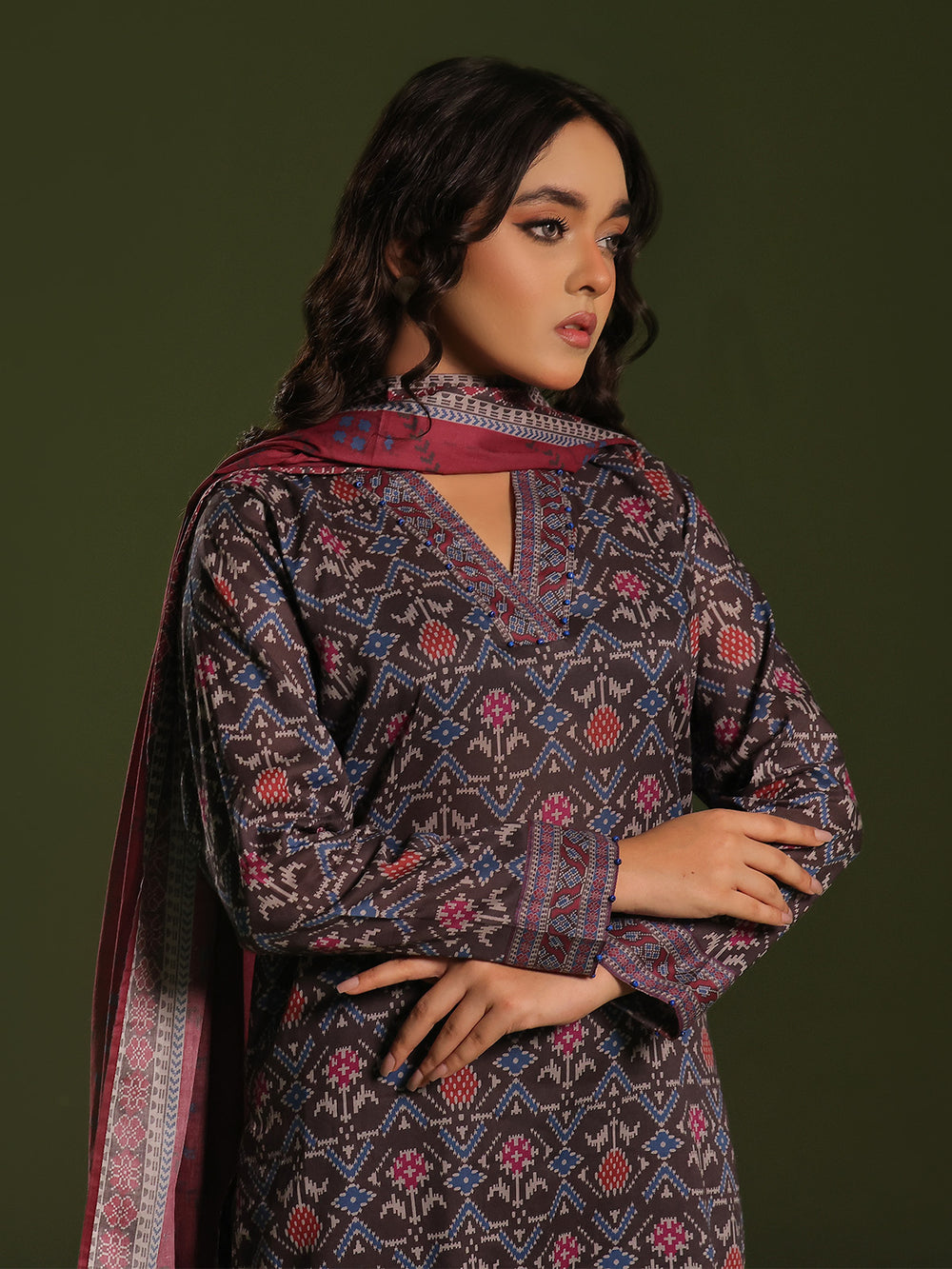 3Pc Printed Pret Suit Cambric Charcoal - OW3P-2411017