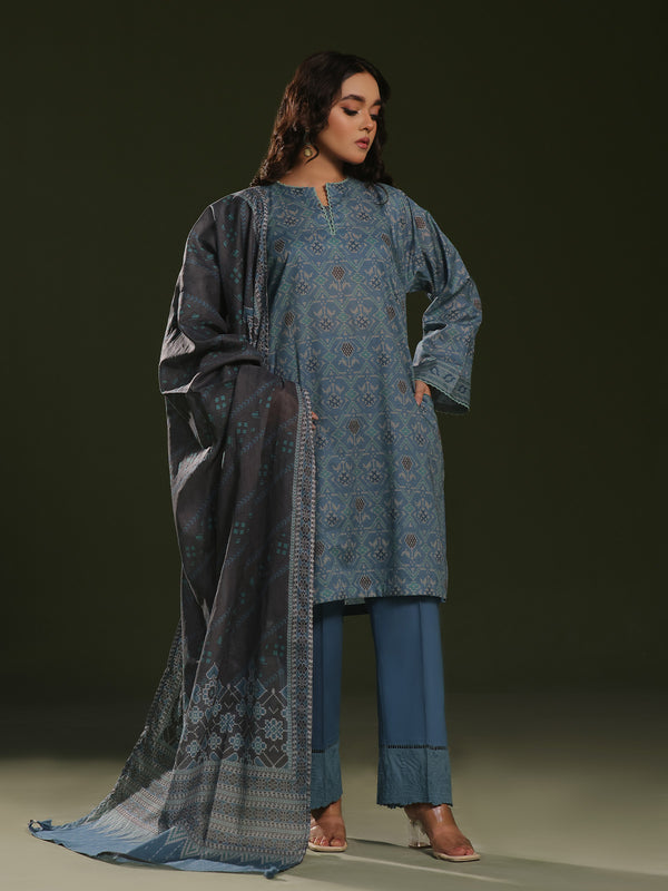 3Pc Printed Pret Suit Cambric Blue - OW3P-2411018