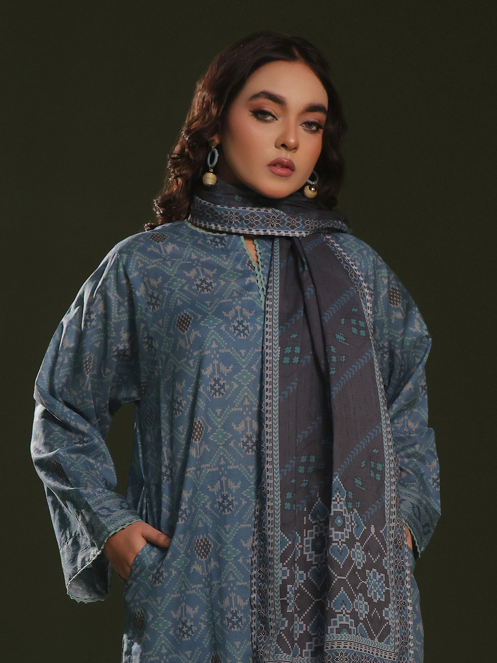 3Pc Printed Pret Suit Cambric Blue - OW3P-2411018