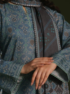 3Pc Printed Pret Suit Cambric Blue - OW3P-2411018