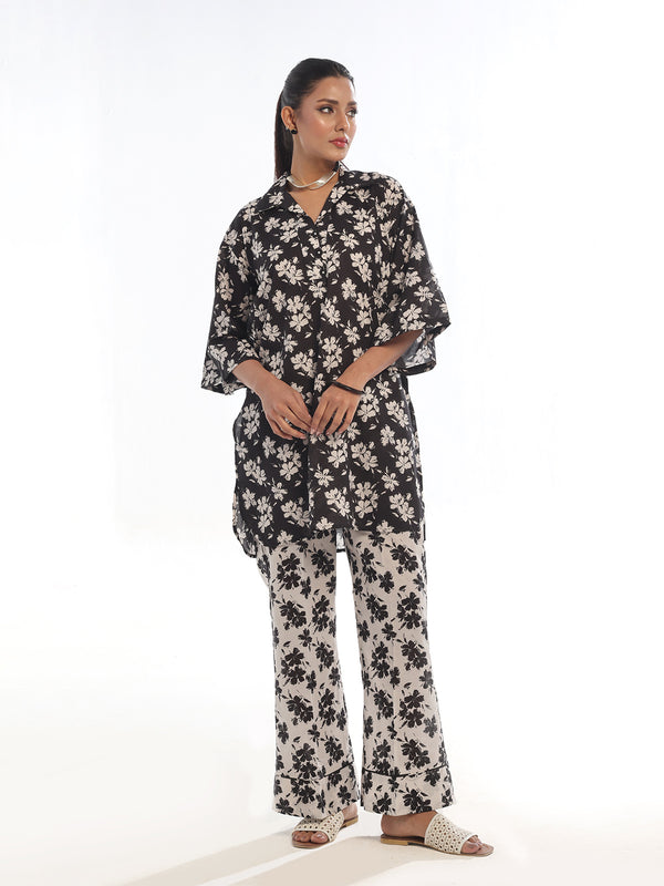 2Pc Printed Pret & unstitched Shirt Trouser Swiss Lawn Black
