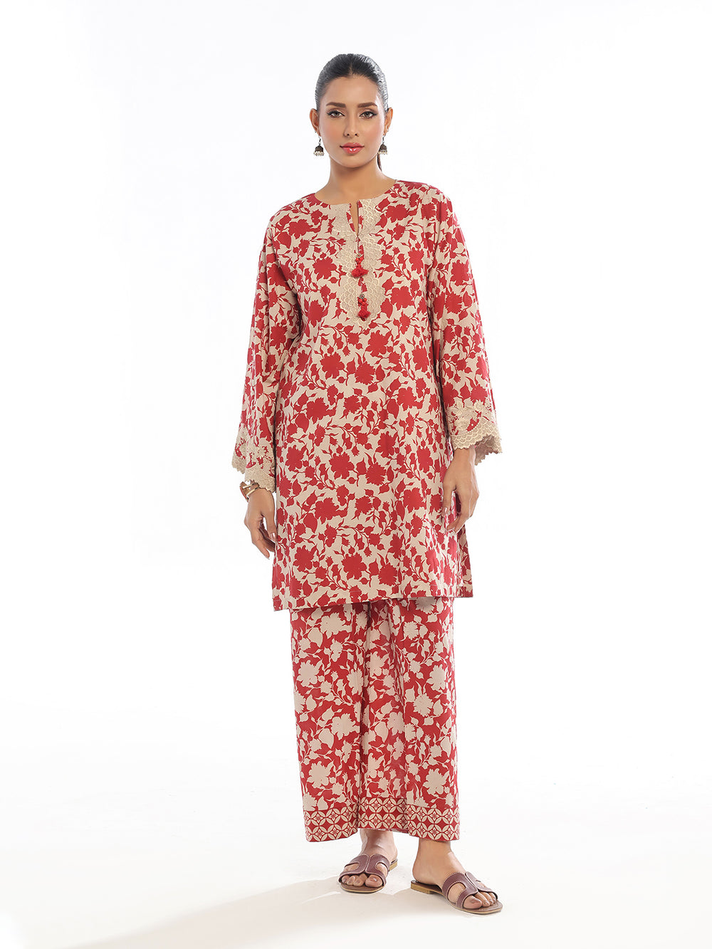 2Pc Embroidered Pret & Unstitched Shirt Trouser Lawn Red