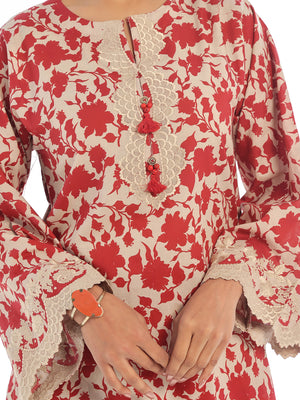 2Pc Embroidered Pret & Unstitched Shirt Trouser Lawn Red