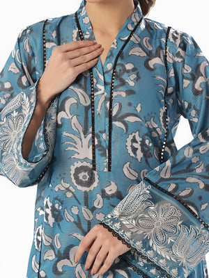 2Pc Embroidered Pret & Unstitched Shirt Trouser Maisoori Lawn Blue