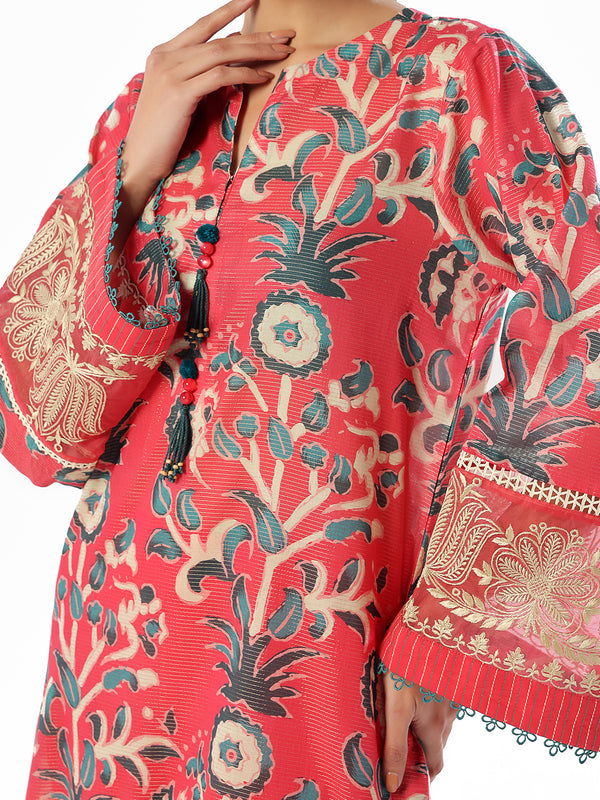 2Pc Embroidered Pret & Unstitched Shirt Trouser Maisoori Lawn Pink & Red